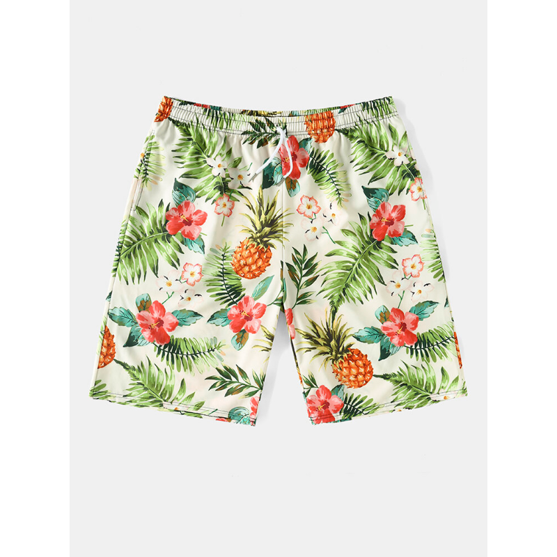 Mens All Over Pineapple Floral Print Holiday Hawaii Style Drawstring Shorts