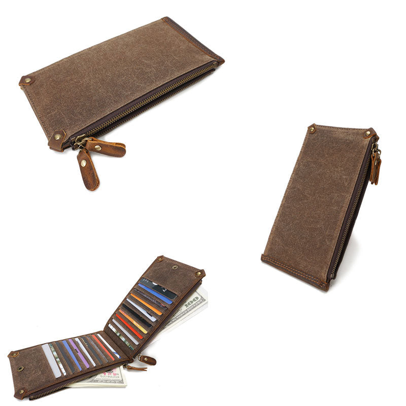 Men's Canvas Folding Zipper Bag Long Multi-Card Wallet Retro Waterproof Wallet