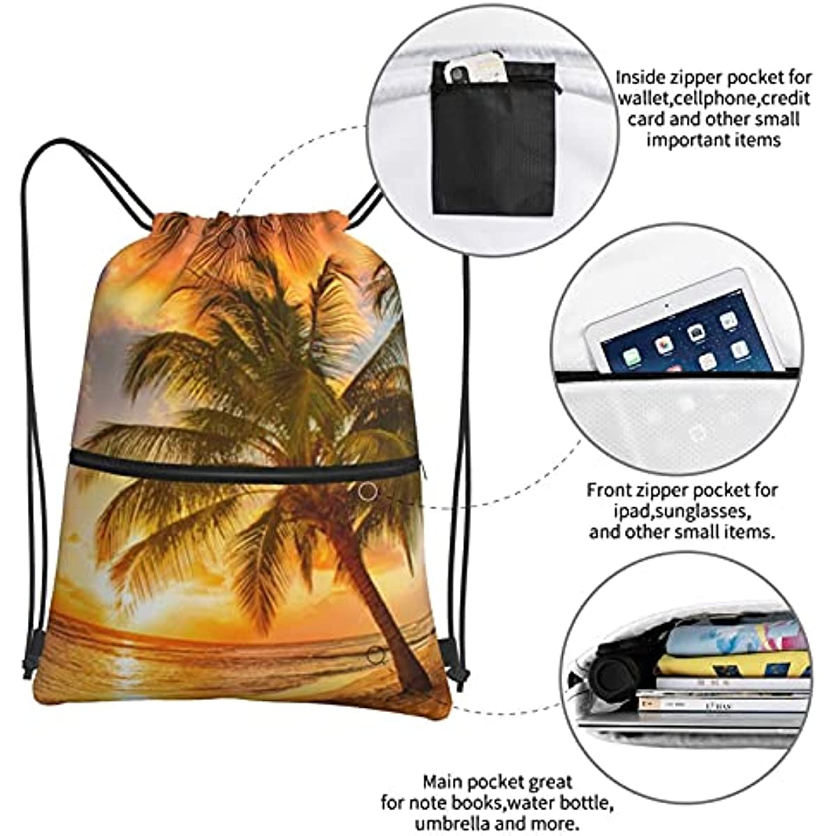 Hawaiian Palm Tree Print Summer Sunset Drawstring Backpack Gym Bag