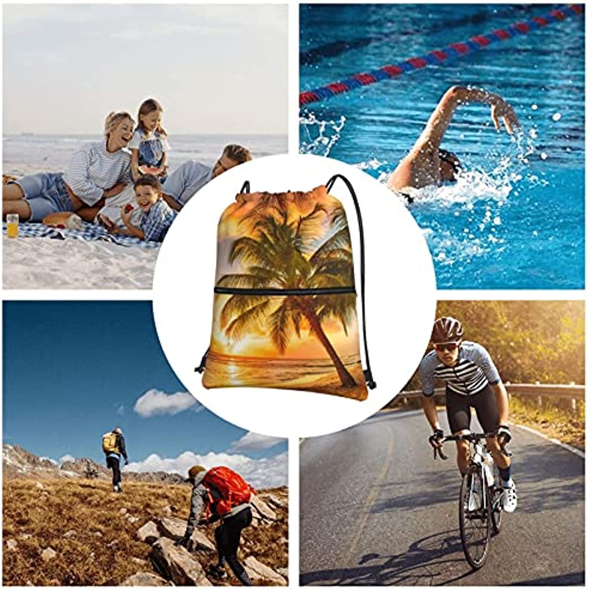 Hawaiian Palm Tree Print Summer Sunset Drawstring Backpack Gym Bag