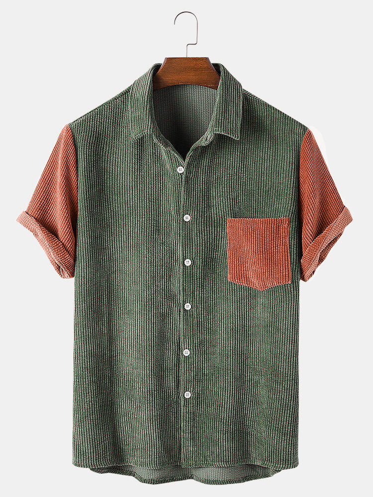 Mens Corduroy Patchwork Turn Down Collar Short Sleeve Shirts