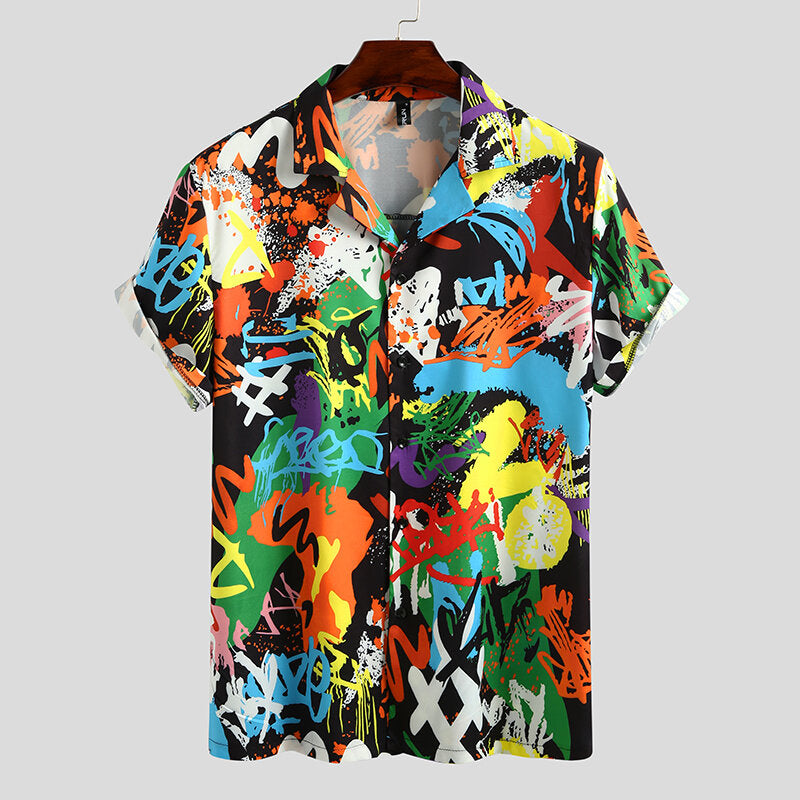 Men Contrast Graffiti Colorblock Soft Breathable Graceful Leisure Shirts