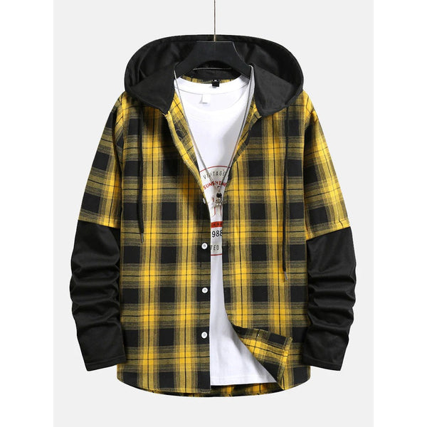 Yellow Casual Plaid Front Button Splicing Fake Two-Piece Sleeve Hooded Long Sleeve Shirt