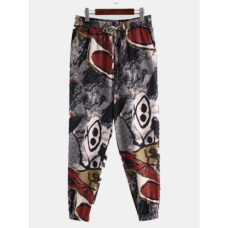 Men Cotton Ethnic Graffiti Print Oriental Harem Pants Plus Size