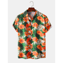 Hawaii Casual Style Floral Print Lapel Collar Short Sleeve Cotton Shirts