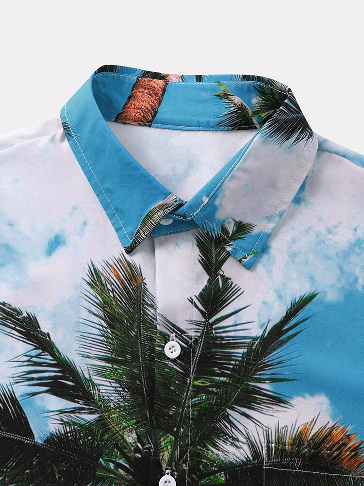 Men Palm Tree Print Hawaii Style Graceful Leisure Short Sleeves Hawaiian Shirts