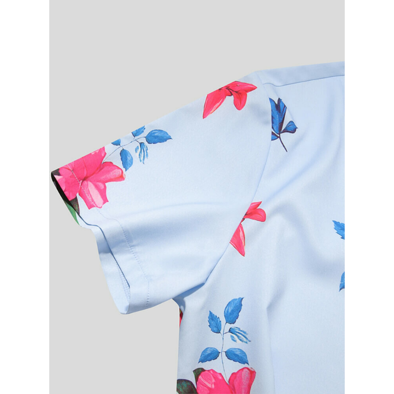 Men Birds & Flower Buttons Short Sleeve Lapel Casual Shirts