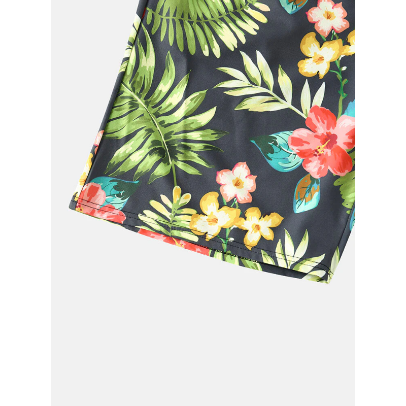 Mens All Over Flower Leaf Print Holiday Drawstring Hawaii Style Shorts