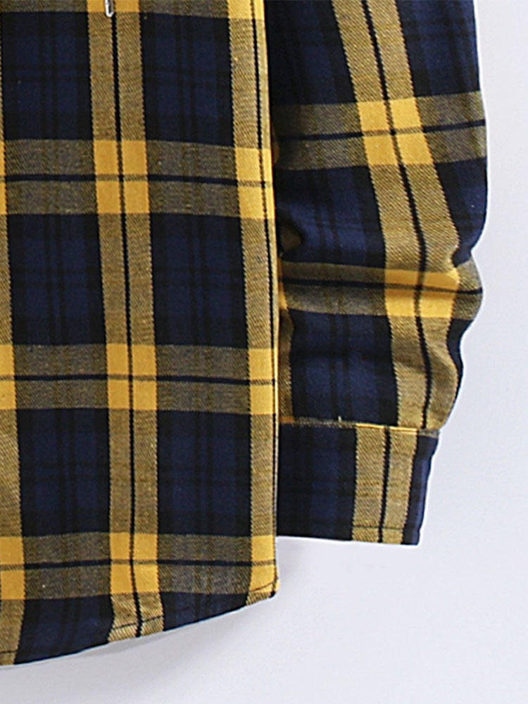 Yellow Plaid Contrast Shirt Casual Buttoned Hooded Long-sleeved Shirt