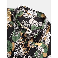 Mens Tropical Plant Leaves Print Short Sleeve Holiday Shirts