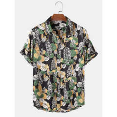 Mens Tropical Plant Leaves Print Short Sleeve Holiday Shirts