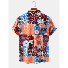 Mens Floral Mixed Print Patchwork Lapel Short Sleeve Holiday Casual Shirt