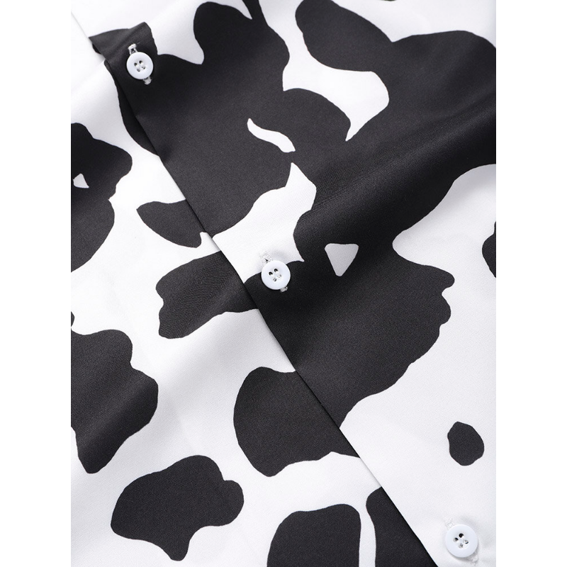 Mens Cow Pattern Print Revere Collar Short Sleeve Casual Shirts