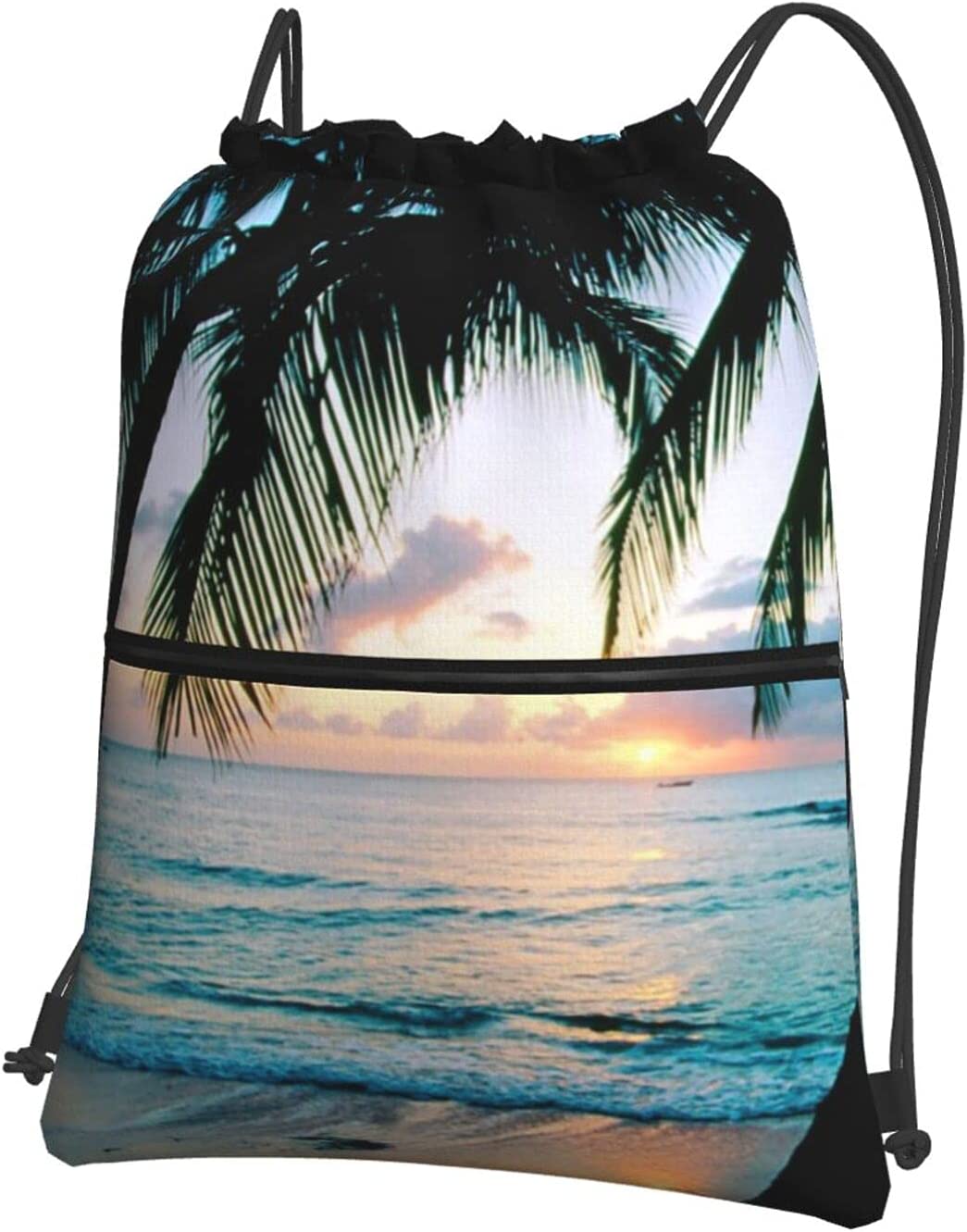 Palm tree beach Waterproof Drawstring Backpack Bag