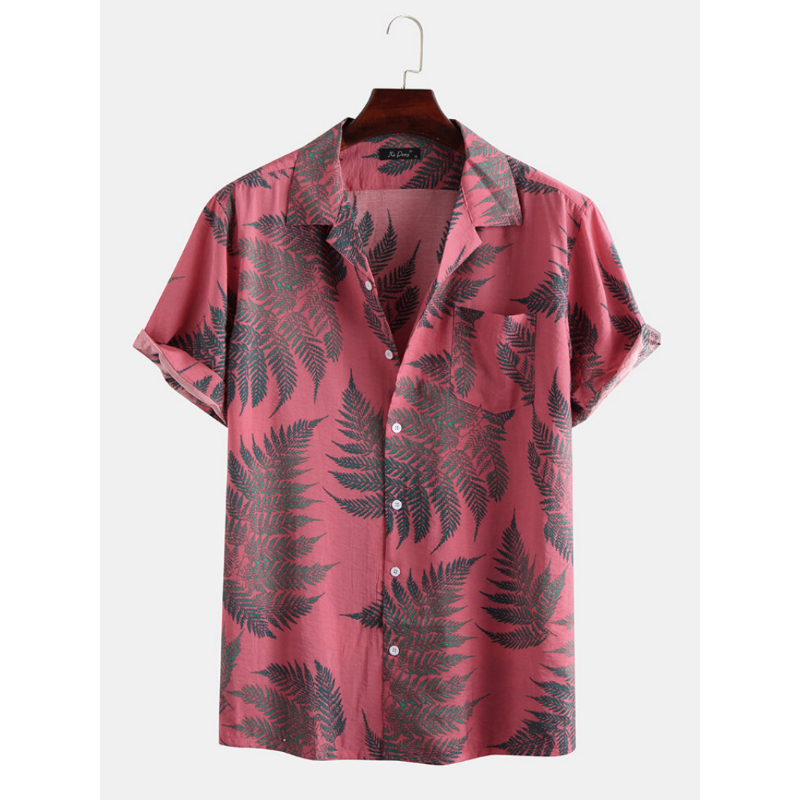 Pine Leaves Print Cotton Short Sleeve Relaxed Shirts