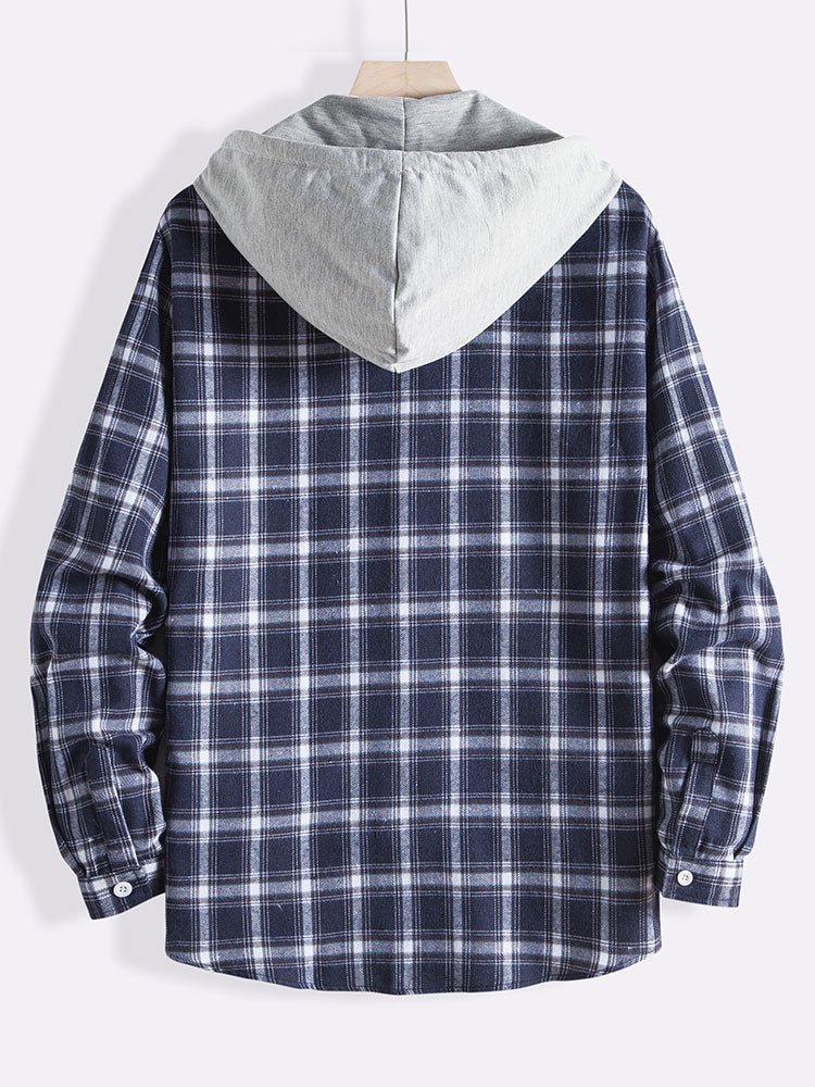 Men's Drawstring Hooded Loose Shirt Plaid Patchwork Long Sleeve Shirt