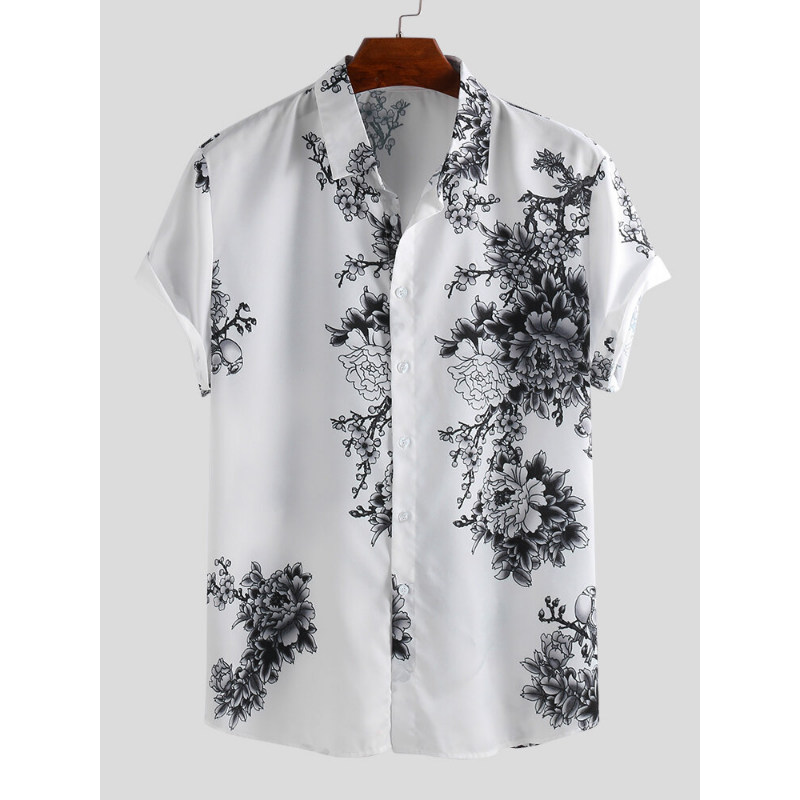 Mens Eastern Culture Porcelain Floral Printed Short Sleeve Casual Shirts