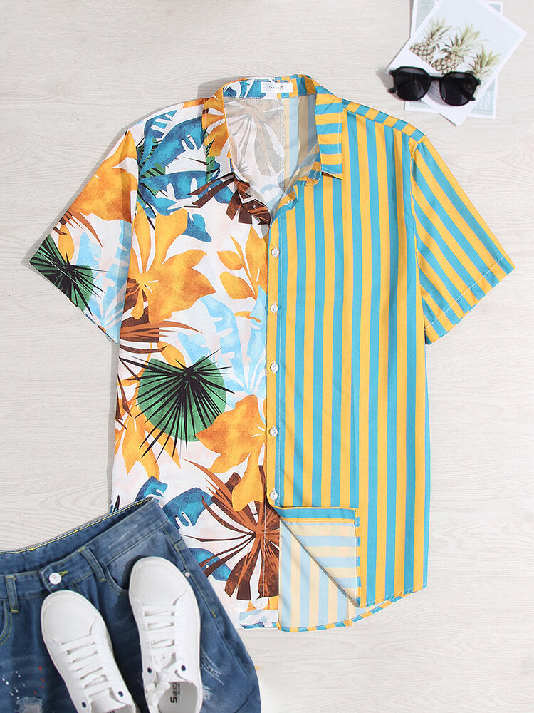 Men Tropical Leaf Colorful Stripe Mixed Print Short Sleeve Casual Shirts