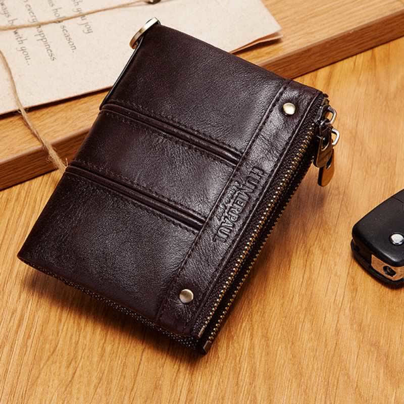 RFID Blocking Anti-theft Chain Bifold Wallet Men's Vintage Double Zipper Leather Wallet