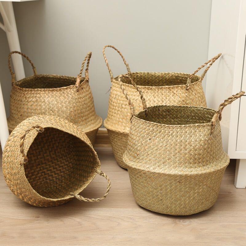 Woven Seagrass Basket With Handles For Plant Pot Belly Basket Storage Basket Wicker Baskets