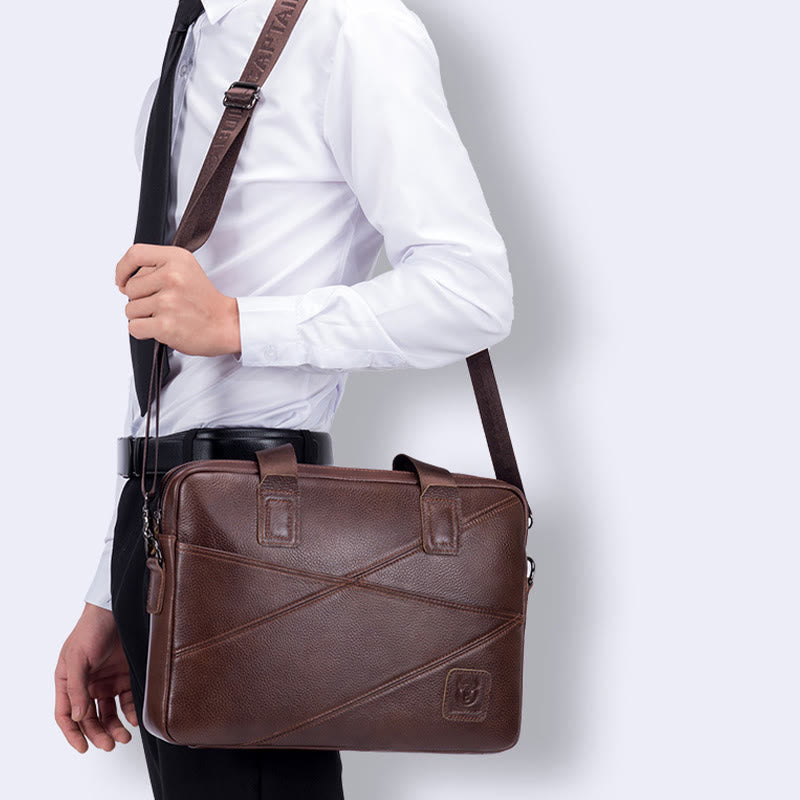 Men's Business Briefcase Simple Handbag Solid Color Leather Messenger Bag