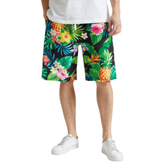 Mens Tropical Pineapple Print Holiday Mid Length Hawaii Style Drawstring Shorts