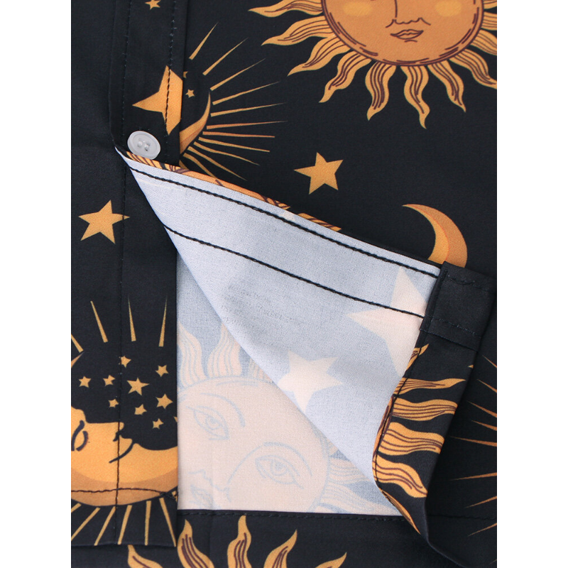 Men Sun Moon Print Short Sleeve Relaxed Shirts