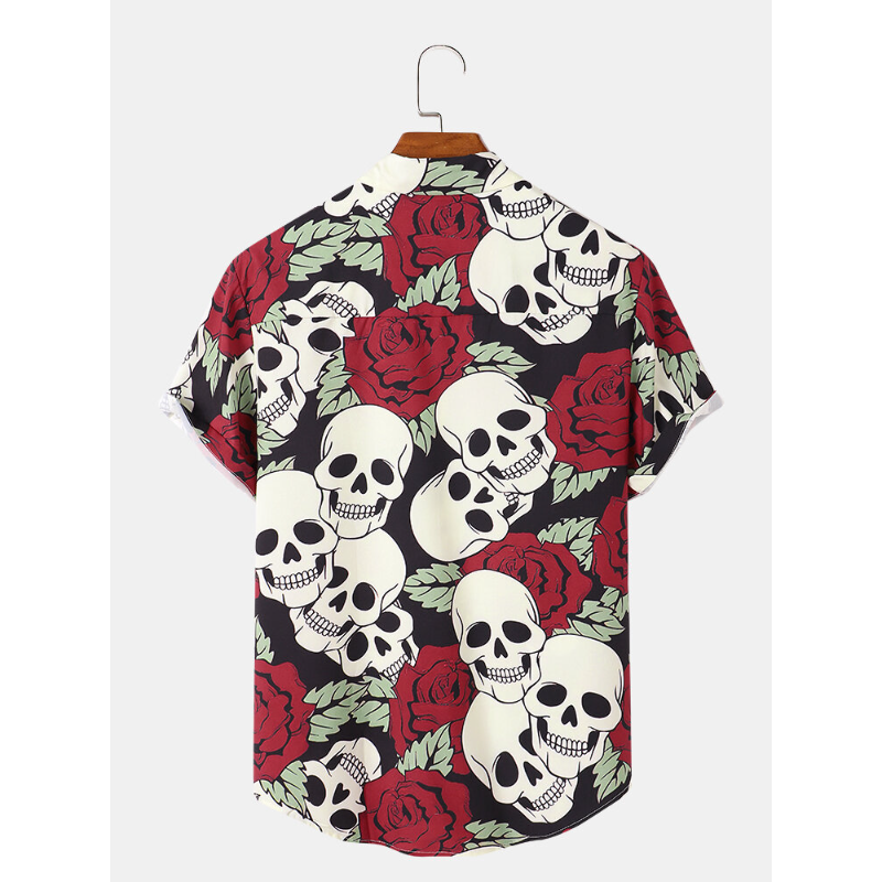 Mens All Over Rose Skull Print Funny Short Sleeve Shirts