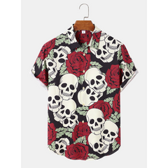 Mens All Over Rose Skull Print Funny Short Sleeve Shirts