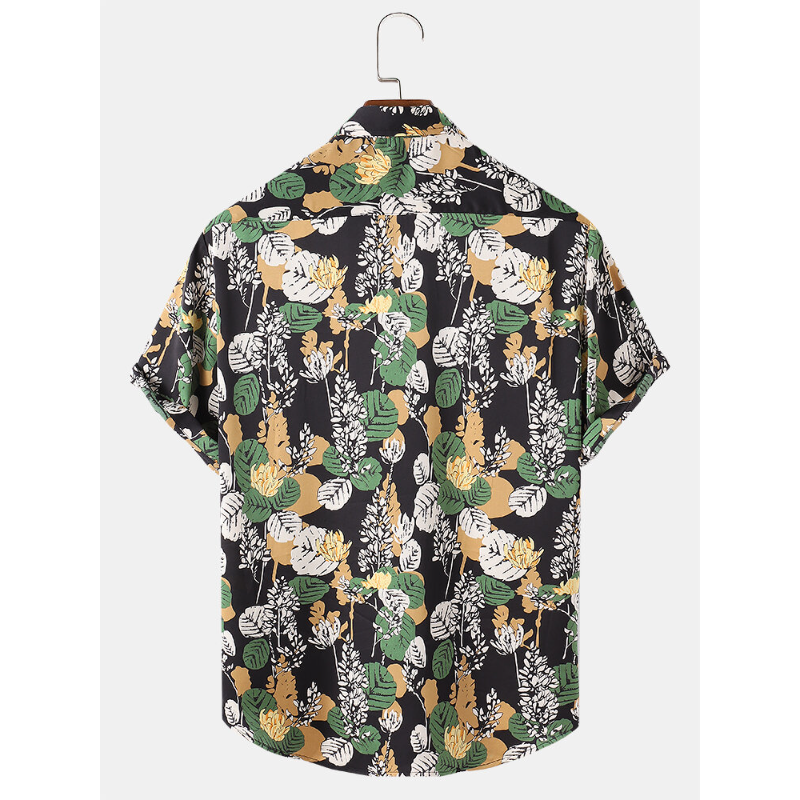 Mens Tropical Plant Leaves Print Short Sleeve Holiday Shirts