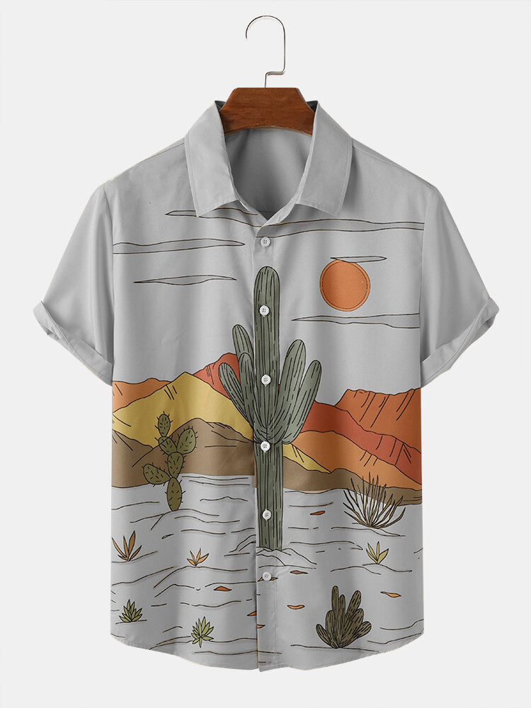 Men Cactus Desert Landscape Print Tropical Plant Short Sleeve Shirts