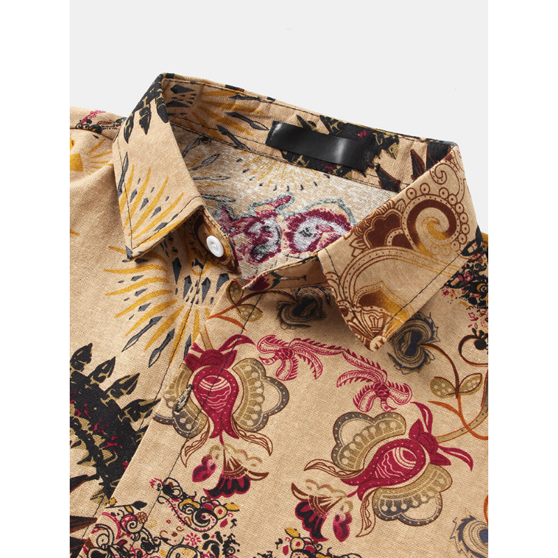 Mens National Style Floral Print Vintage Lapel Short Sleeve Shirt