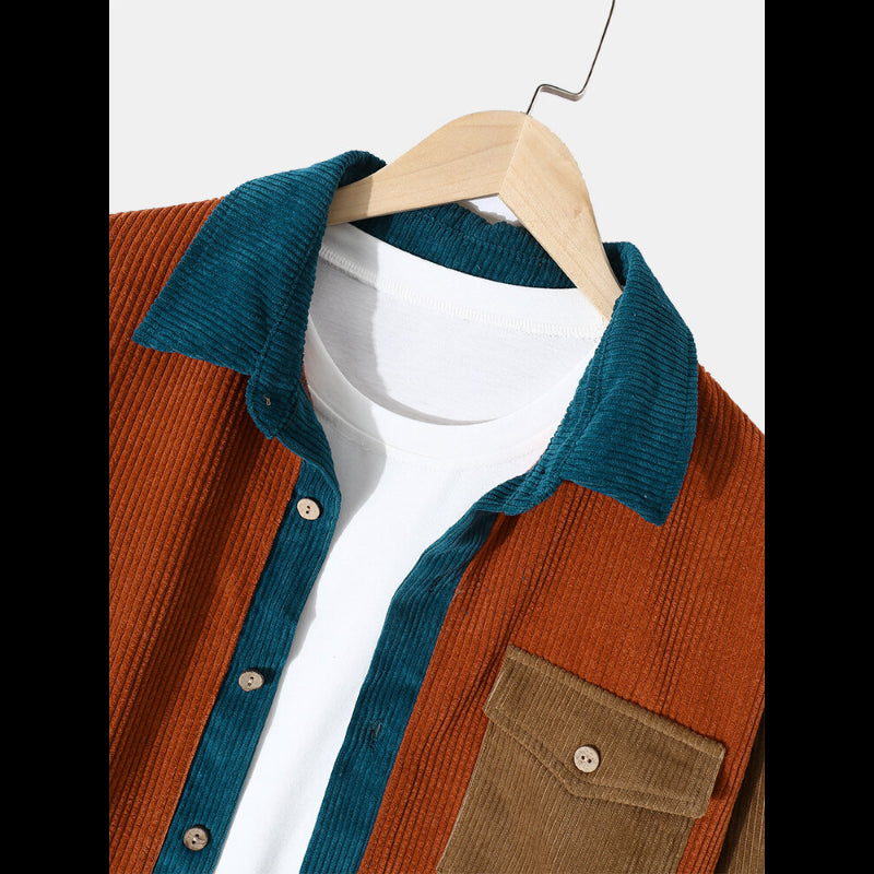 Mens Splicing Corduroy Button Color Block Casual Shirt