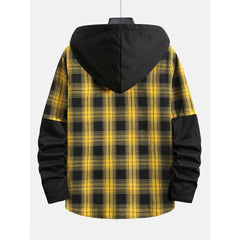 Yellow Casual Plaid Front Button Splicing Fake Two-Piece Sleeve Hooded Long Sleeve Shirt