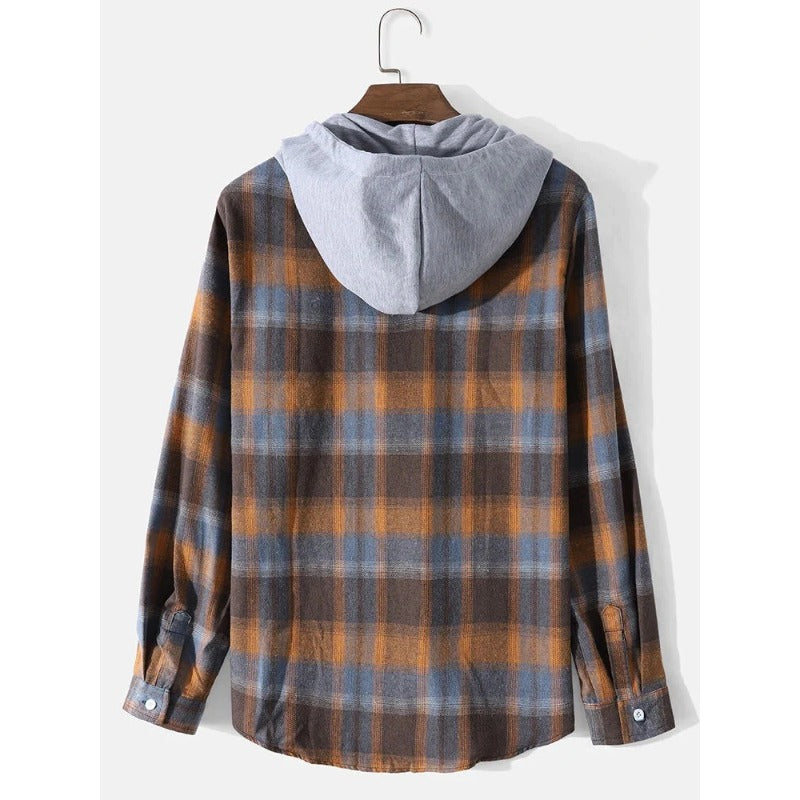 Casual Contrasting Color Hooded Regular Plaid Shirt Outdoor Shirt