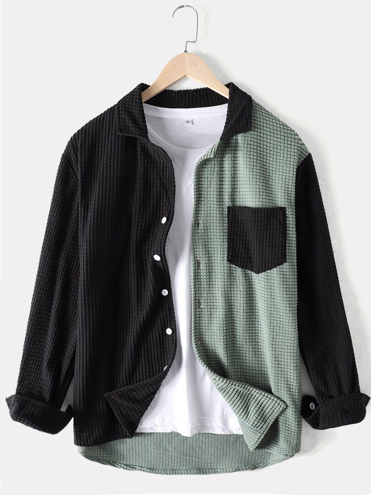 Men's Patchwork Two-tone Cardigan Pocket Long Sleeve Corduroy Lapel Casual Shirt