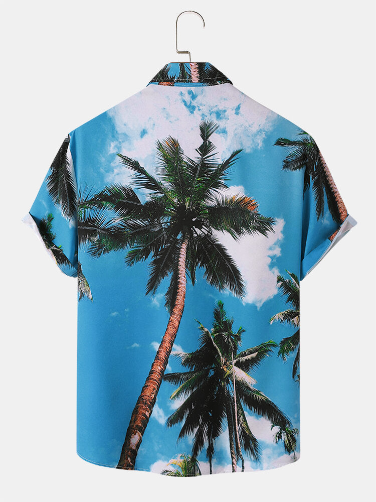 Men Palm Tree Print Hawaii Style Graceful Leisure Short Sleeves Hawaiian Shirts