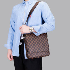 Men's Casual Business Check PU Adjustable Strap Leather Messenger Bag