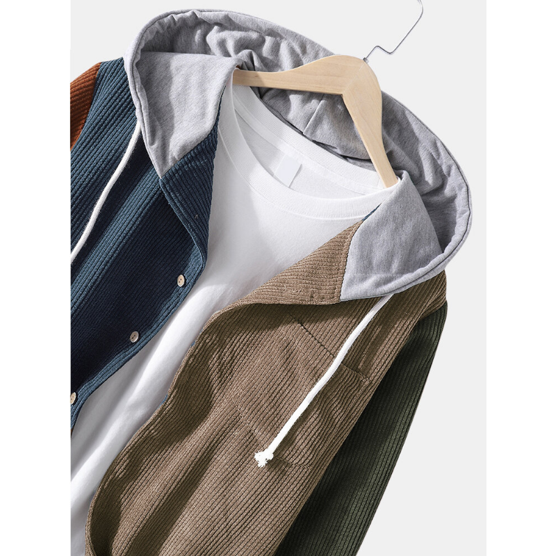 Mens Patchwork Corduroy Long Sleeve Hooded Shirts