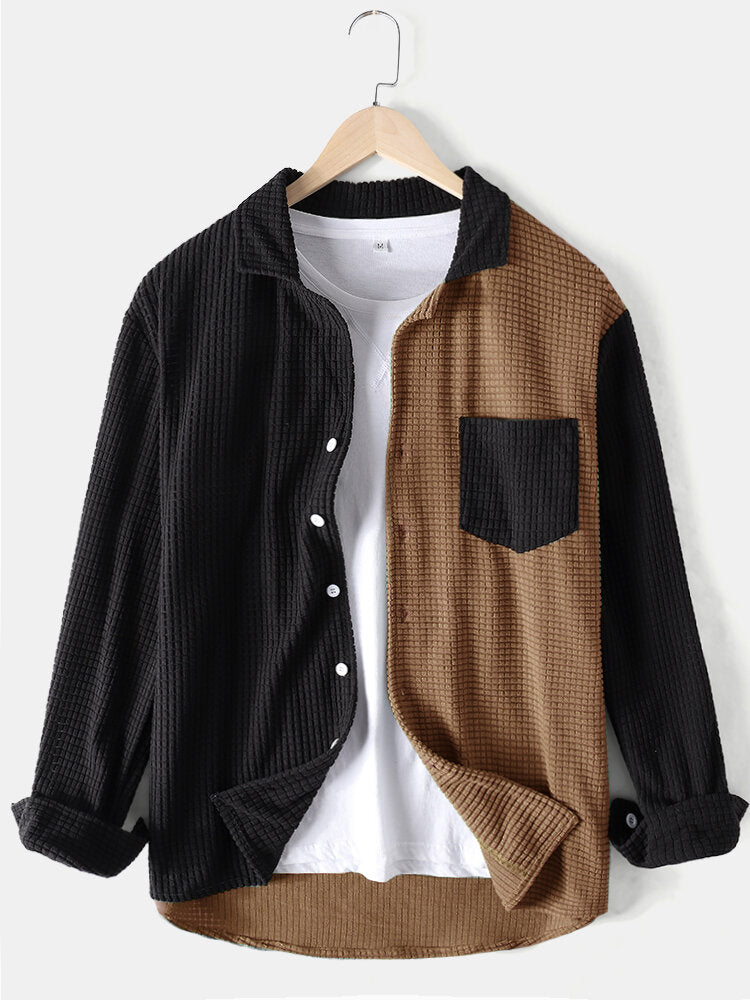 Men's Patchwork Two-tone Cardigan Pocket Long Sleeve Corduroy Lapel Casual Shirt