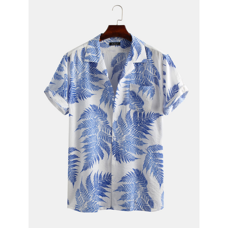 Pine Leaves Print Cotton Short Sleeve Relaxed Shirts