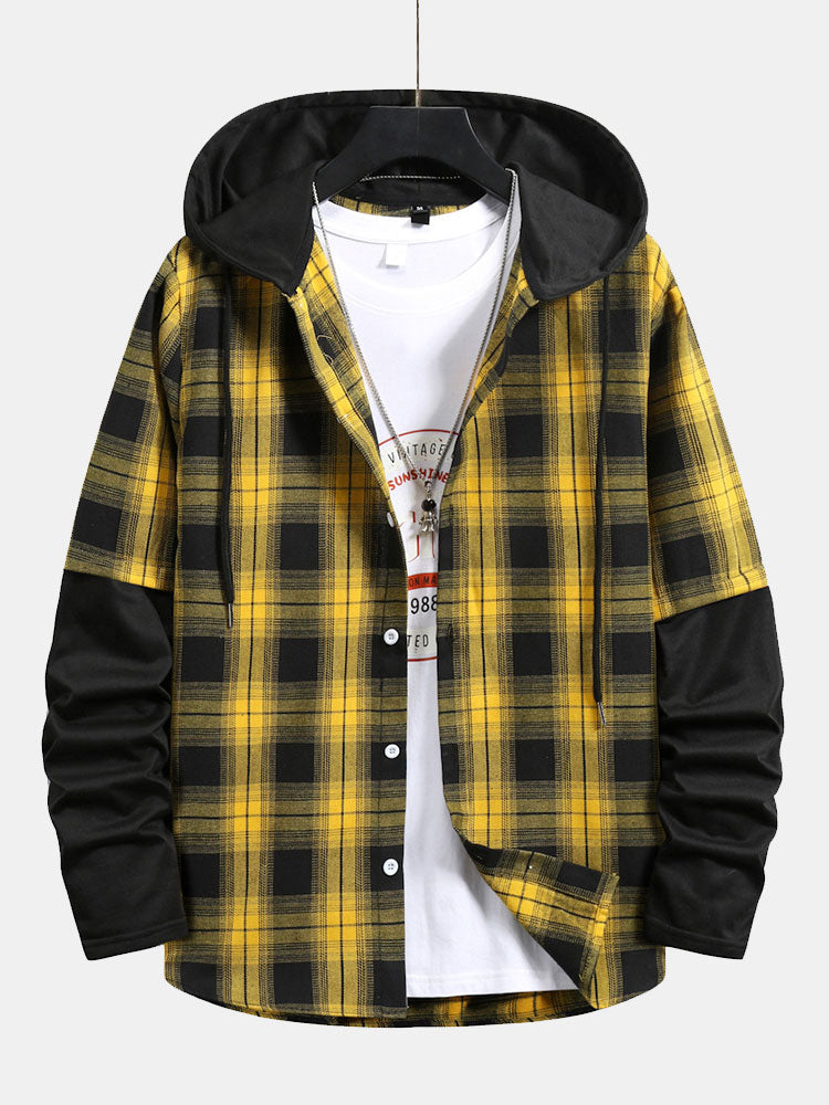 Yellow Casual Plaid Front Button Splicing Fake Two-Piece Sleeve Hooded Long Sleeve Shirt