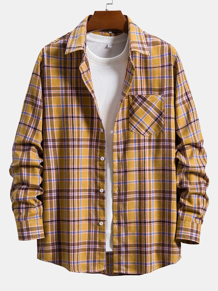 Men's Colorful Plaid Long Sleeve Casual Brushed Button-Down Shirt