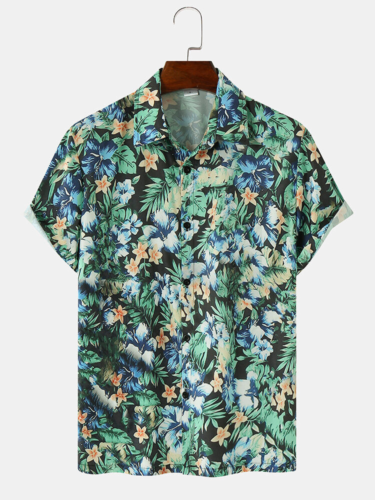 Men Allover Floral Print Hawaiian Plants Paradise Short Sleeve Shirts