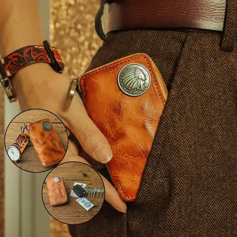 Handmade Zipper Waist Hanger Men's Waist Leather Wallet Multifunction Key Case