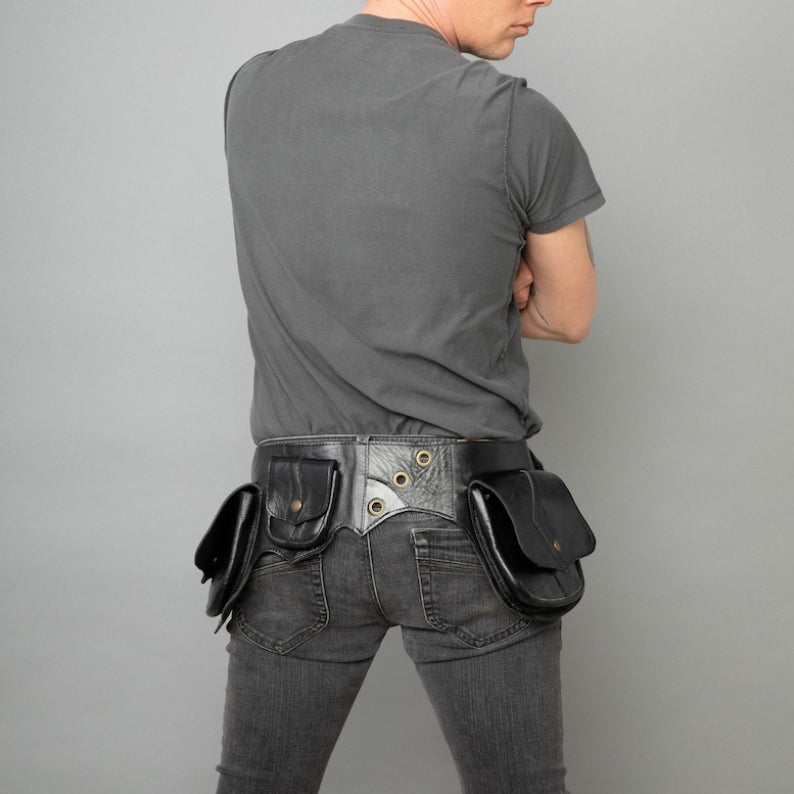 Men Multi Pocket Rivet Punk Style Daily Bag Waist Bag