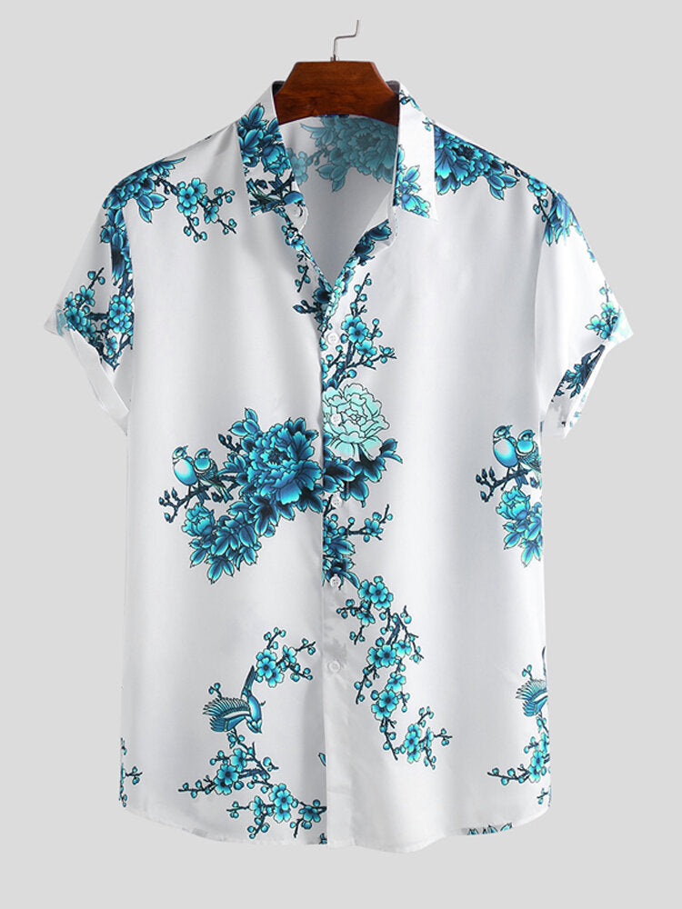 Mens Eastern Culture Porcelain Floral Printed Short Sleeve Casual Shirts