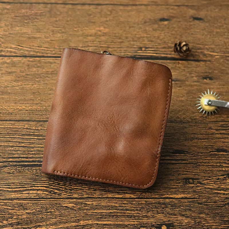 Men's Vintage Crinkled Leather Wallet Bifold Short Zipper Coin Card Holder