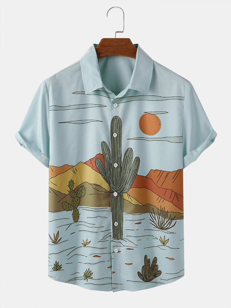 Men Cactus Desert Landscape Print Tropical Plant Short Sleeve Shirts