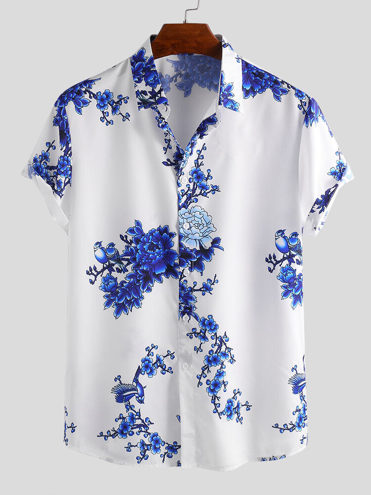 Mens Eastern Culture Porcelain Floral Printed Short Sleeve Casual Shirts